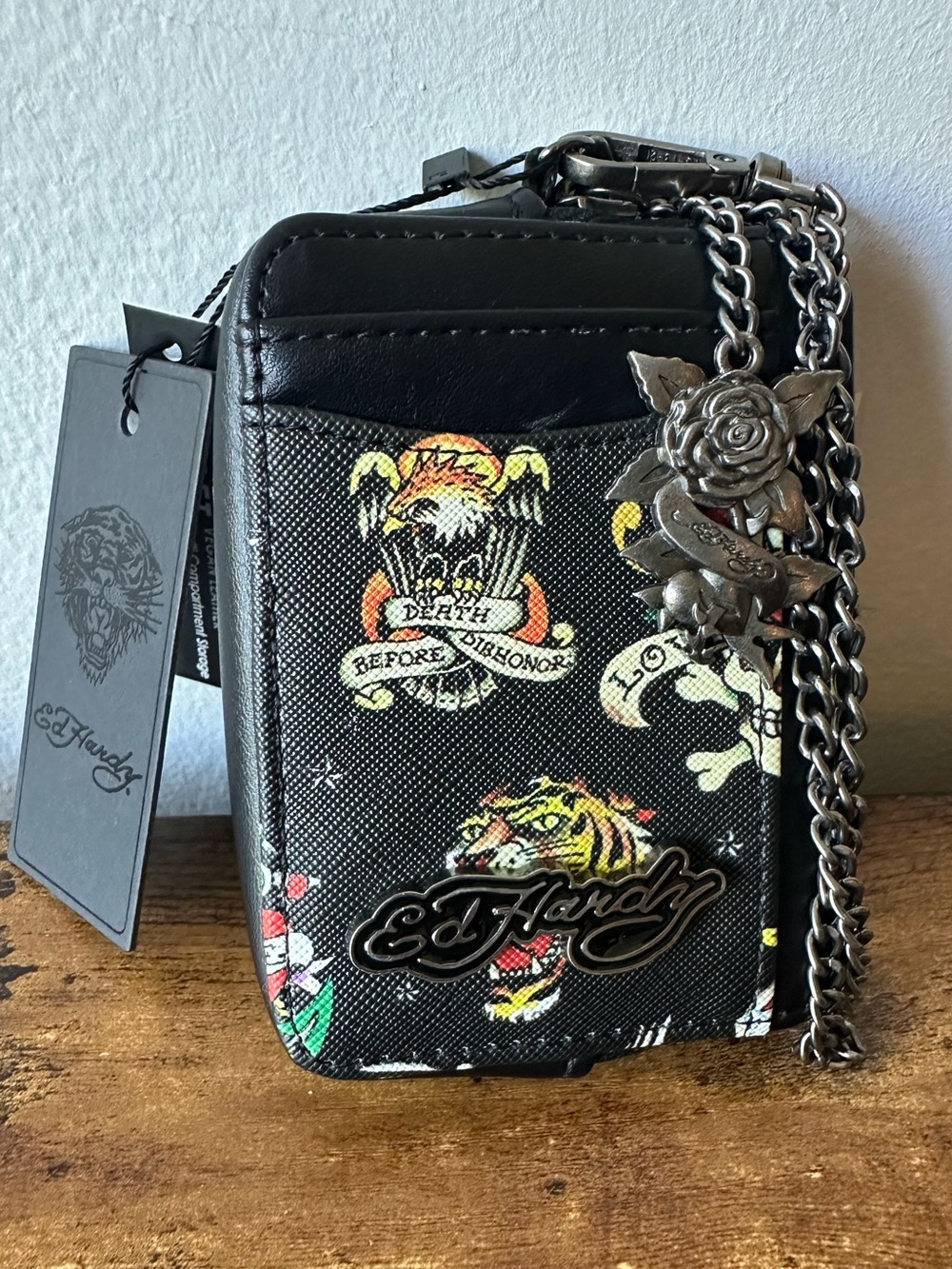 Ed Hardy Black Tattoo-Print Cardholder Wallet with Chain Wristlet New With Tags
